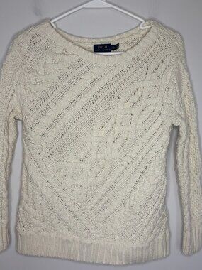 POLO RALPH LAUREN Cable Knit Sweater Womens XS White Knit Long Sleeve Ribbed Hem